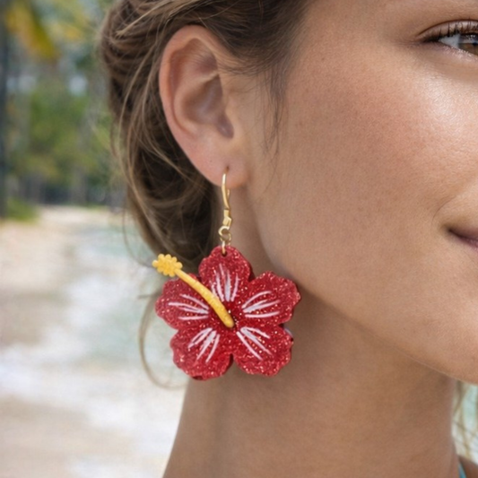 Hibiscus flower shaped earring, made with painted beach sand