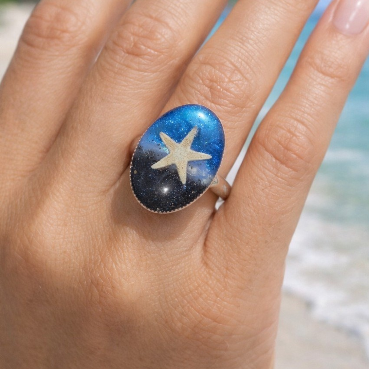 Adjustable ring made with real black beach sand.